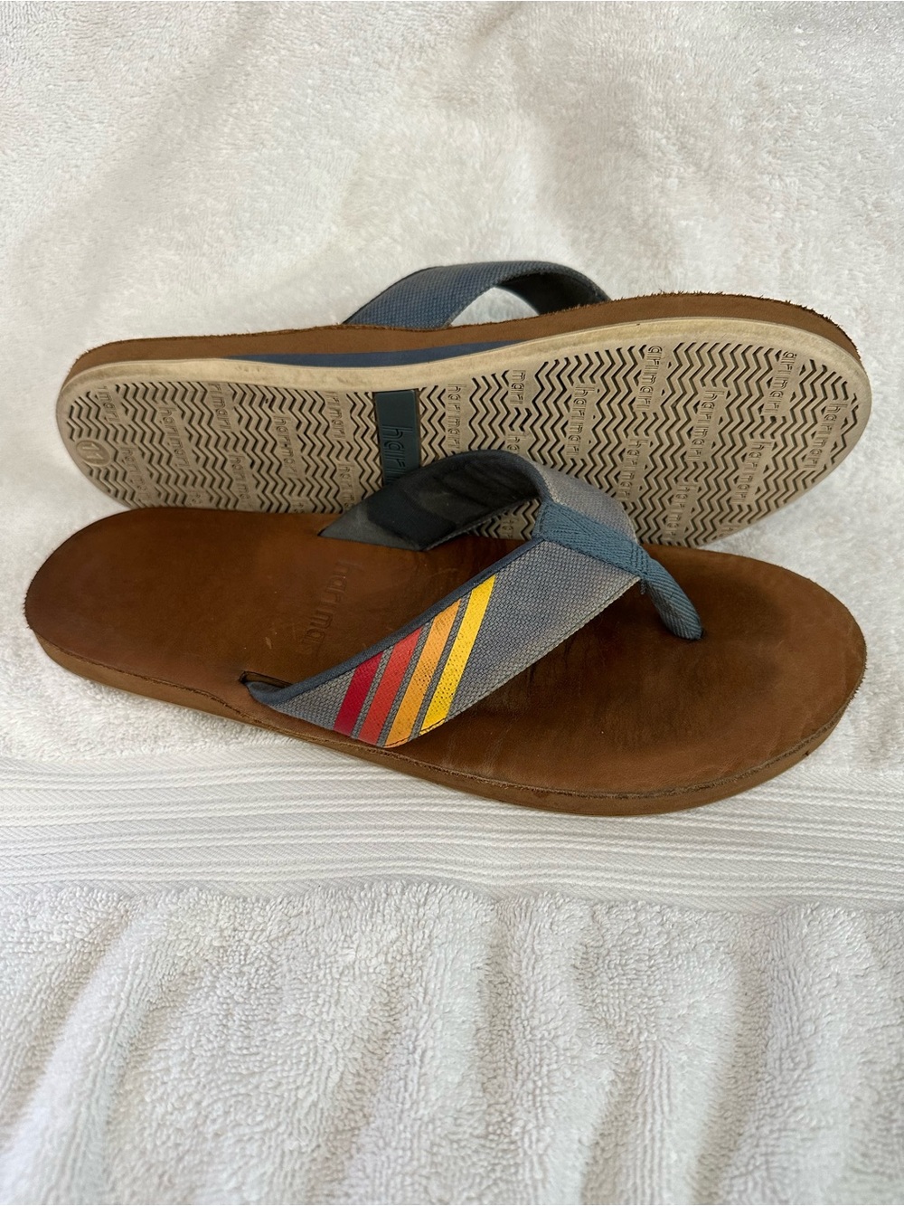Hari Mari Men's Brown Leather Flip Flops with Blue Straps and Red-Yellow Stripe